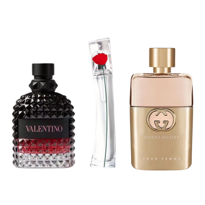Combo promozionale di 3 profumi Gucci Guilt, Valentini Intense, y Flower Kenzo 100ml