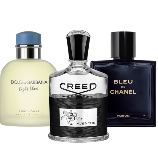 Combo promozionale di 3 profumi Bleu de Chanel, Creed Aventus, y Light Blue Dolce Gabbana 100ml